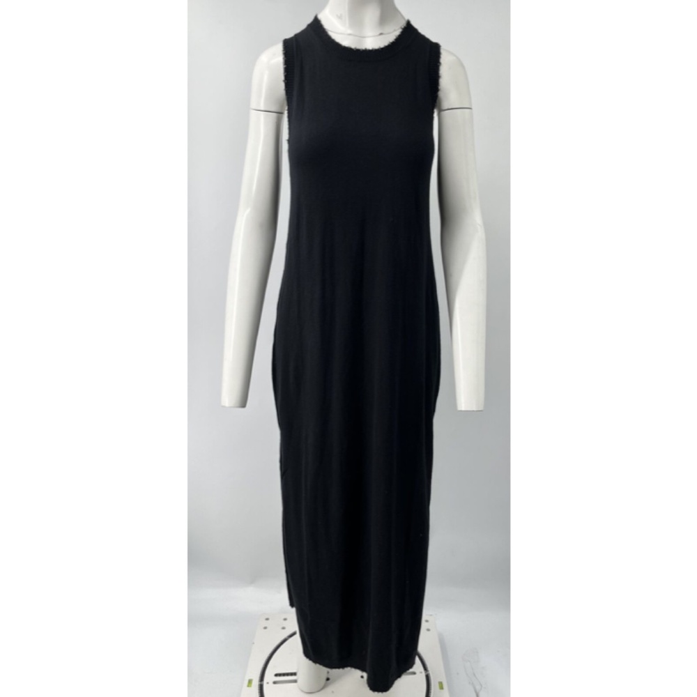 Minnie Rose Black Cotton/Cashmere Frayed Edge Sleeveless Midi Dress sz M NWT